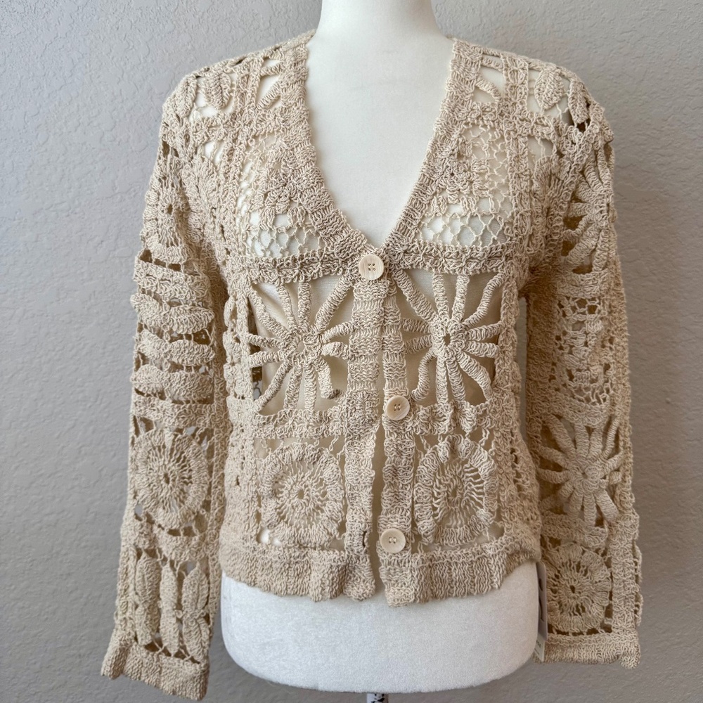 NWT Commense Crochet Square Pattern Button Cardigan Women's Size M J